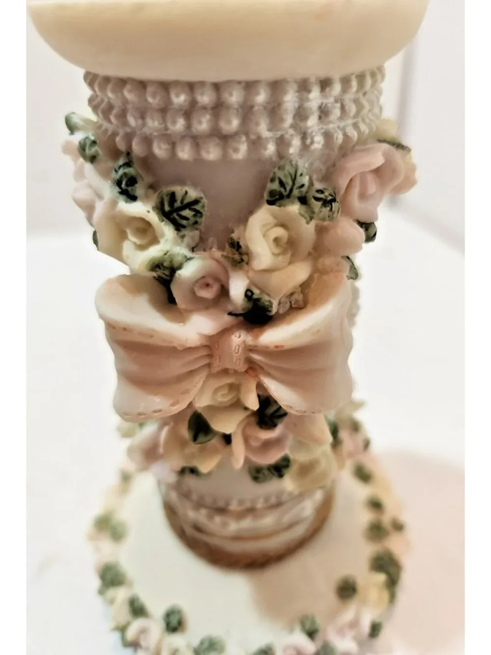 Pair of Sculpted Flower and Bows Ceramic Candlestick Holders Pastels Weddings